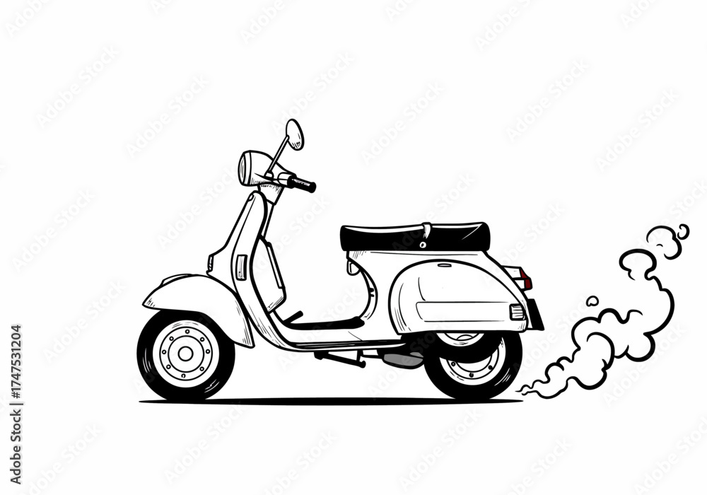 Obraz premium Vintage Scooter with Exhaust Smoke, Black and White Illustration