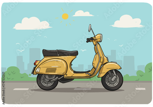 Cartoon Yellow Scooter on Road with Cityscape Background, Sunny Day