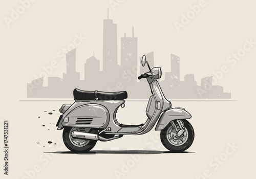 Classic Gray Scooter Illustration with Cityscape Backdrop