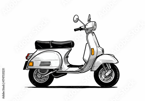 Classic White Scooter Illustration with Black Seat and Mirrors