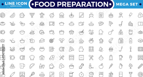 Food preparation outline icon set. Vector illustration containing kitchen utensils, cookware, cooking tools, cutlery, meal prep, chef equipment, and dining elements. Editable stroke outline icon. 