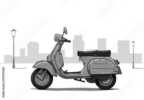 Classic Gray Scooter Illustration with Cityscape Background