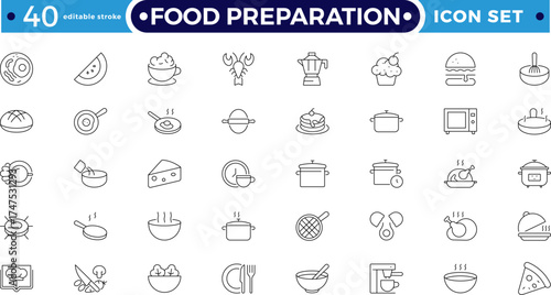 Food preparation outline icon set. Vector illustration containing kitchen utensils, cookware, cooking tools, cutlery, meal prep, chef equipment, and dining elements. Editable stroke outline icon. 