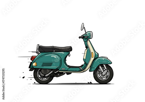 Teal Vintage Scooter Illustration with Black Seat and Chrome Details