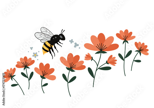Cartoon Bee Flying Among Orange Flowers Illustration.