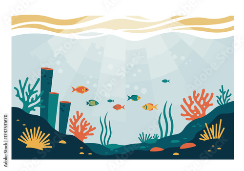 Colorful Underwater Scene with Fish Coral and Sunlight.