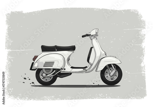 Classic White Scooter Illustration with Black Seat and Handlebars