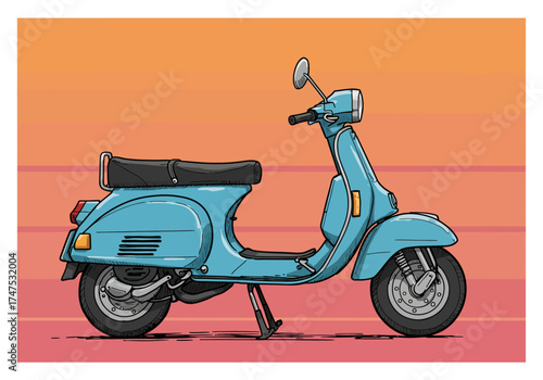 Illustration of a Classic Light Blue Scooter with Black Seat