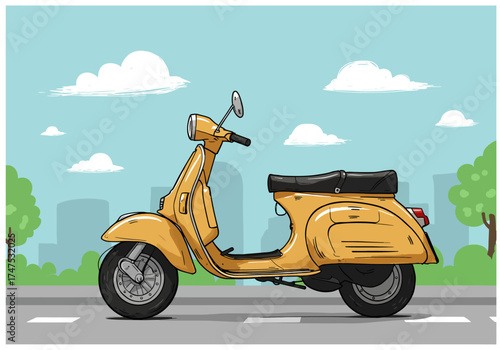 Illustration of a Classic Yellow Scooter on the Road