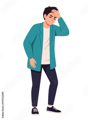 Man with headache holding his head in pain, wearing casual clothes.