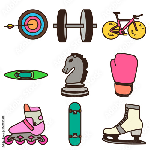 doodle set of archery target, dumbbell, road bike, kayak, chess knight, boxing glove, inline skate, skate board, ice skate