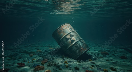 Rusty barrel with radiation on ocean floor, concept of environmental water pollution and toxic radioactive waste. Background for World Water Day, eco campaigns, and environmental awareness	
