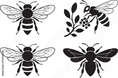 Bee Silhouette Collection with Floral on Seamless Grid Pattern