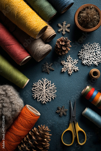 Christmas craft supplies, scissors, glue, craft paper rolls, snowflakes, pine cones, and colorful threads, a creative atmosphere	