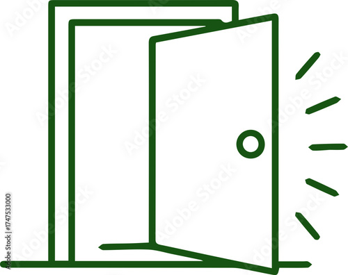 Minimalist green open door icon revealing bright possibilities and inviting entry