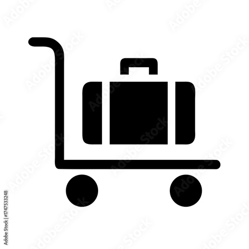Black and white icon of a suitcase on a luggage trolley