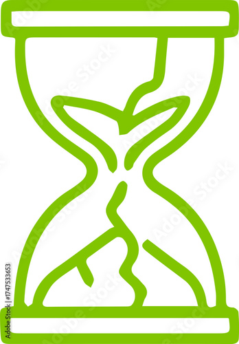 Vibrant green outline hourglass graphic depicting moments flowing away