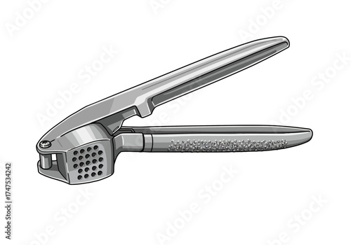 Metallic Garlic Press with Perforated Chamber and Textured Handle.