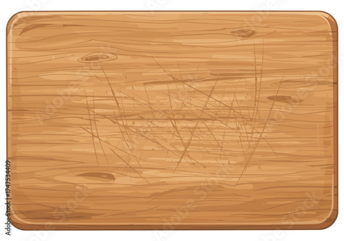 Rectangular Wooden Cutting Board with Scratches and Rounded Edges.