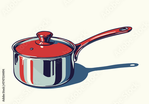 Shiny Stainless Steel Saucepan with Red Lid and Handle.