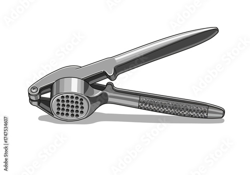 Metallic Garlic Press with Perforated Design and Shadow.