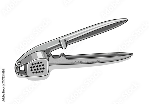 Silver Metal Garlic Press Kitchen Utensil Illustration.