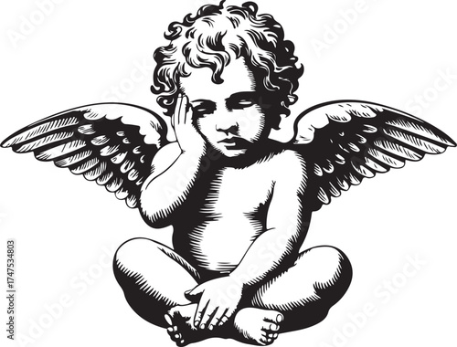 Cupid Angel Cherub with Wings Sitting with Pensive Expression Illustration