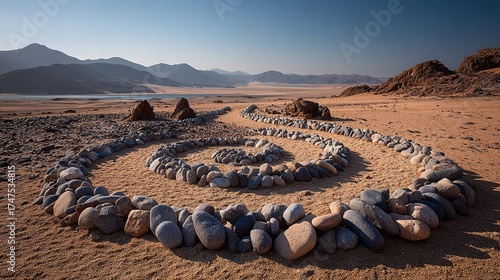 Spiral Rocks Formed in Desert Landscapes. Pebbles Arranged in a Spiral Pattern and Spread Out. Unique and Artistic Natural Formation.