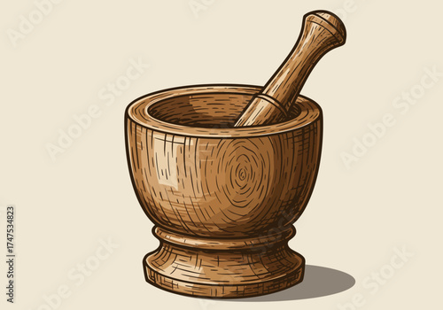 Wooden Mortar and Pestle Illustration Traditional Grinding Tool.