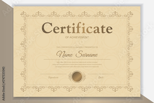 Vintage beige certificate template with elegant ornate frame. Suitable for awards, diplomas, and recognition. Vector.