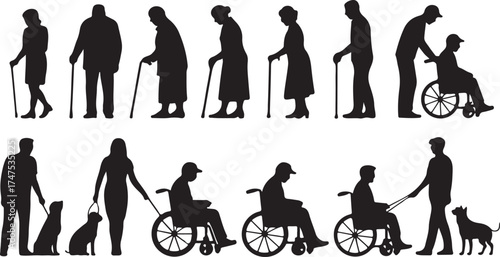 Silhouette Elderly Seniors Aiding Set on Checkered Pattern