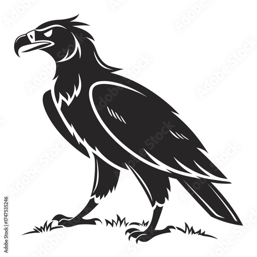 Stylized black eagle standing on grass with white accents