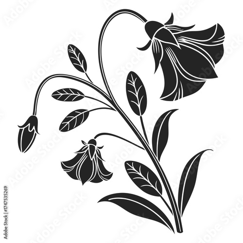 Elegant black and white floral silhouette with bell shaped flowers