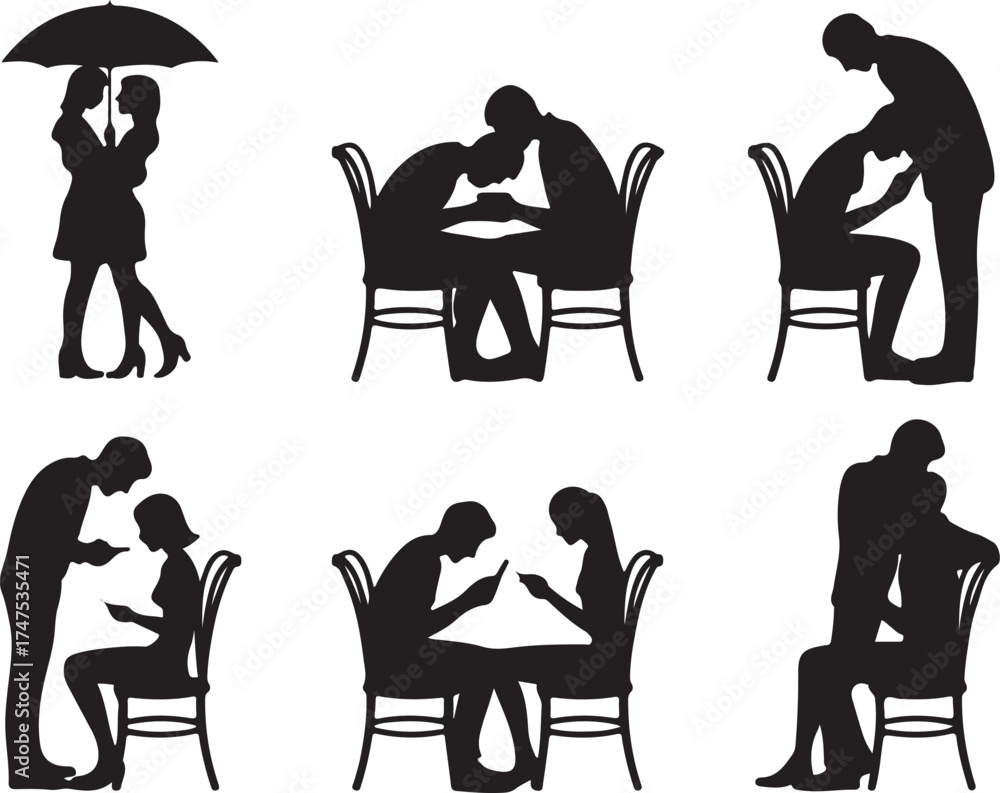 Fototapeta premium Silhouette Couple Relationships Set on Checkered Pattern