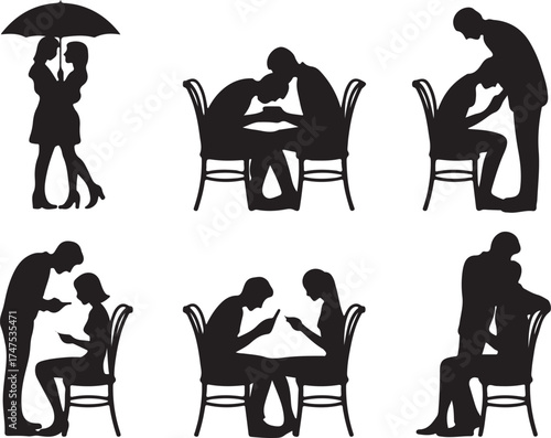 Silhouette Couple Relationships Set on Checkered Pattern