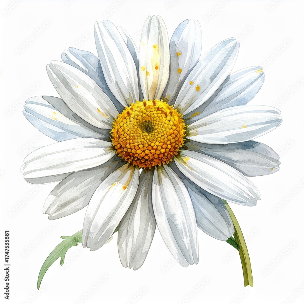 Fototapeta premium Vibrant Watercolor Daisy Painting with White Petals and Golden Yellow Center, Isolated Botanical Art