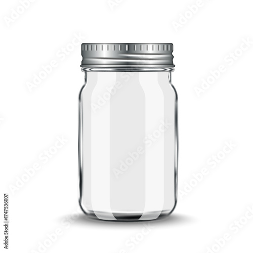 Empty glass jar with metal lid isolated on white background, realistic 3D vector illustration for food storage, packaging, template and branding design