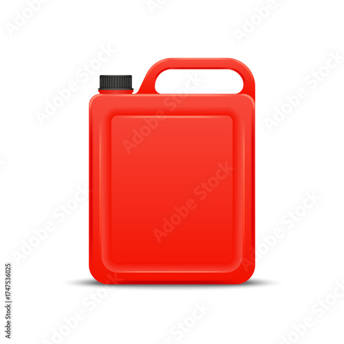 Red plastic canister 3d mockup design with black cap isolated on white background side view, realistic vector model jerry can for fuel, oil, chemical or household liquid storage, packaging, branding.