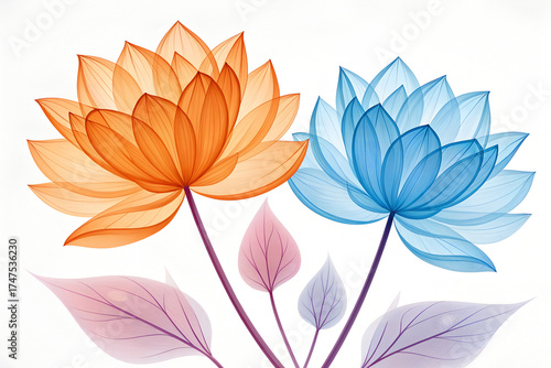 Elegant lotus flowers with transparent petals in orange and blue hues