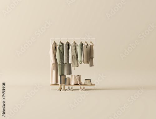 Minimal fall winter fashion display with neutral coats and sweaters, beige clothing rack in modern boutique interior 3d render