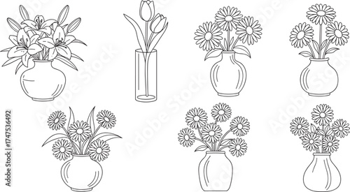 Minimalist flower vase line art, black and white botanical illustration, daisy tulip lily bouquet drawing, elegant floral decor, vector sketch design