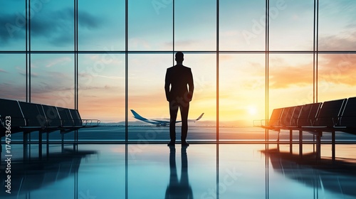 Businessman walking through airport terminal with luggage, modern travel and corporate lifestyle concept