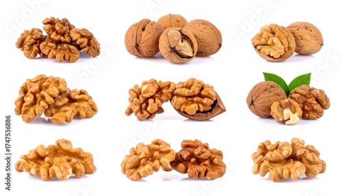 Arrangement of shelled and unshelled natural brown seeds against white