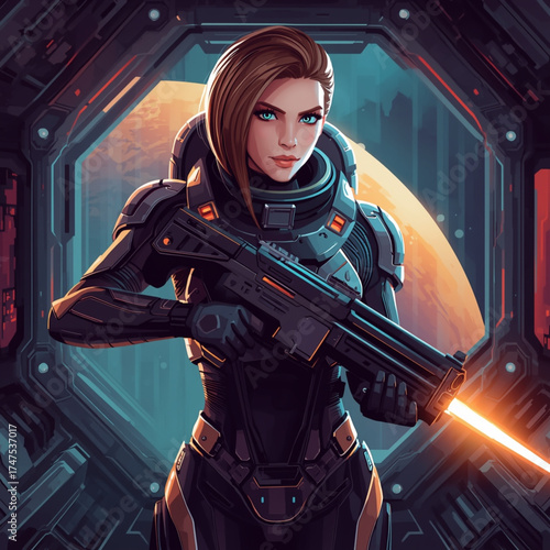 Sci fi soldier woman with futuristic rifle in space station
