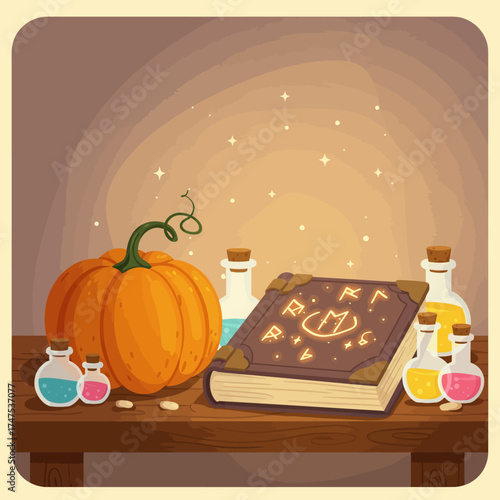Cartoon Style Composition of Magic Book, Pumpkin and Potion Bottles