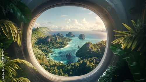 Airplane flying toward tropical paradise, concept of exotic travel adventure