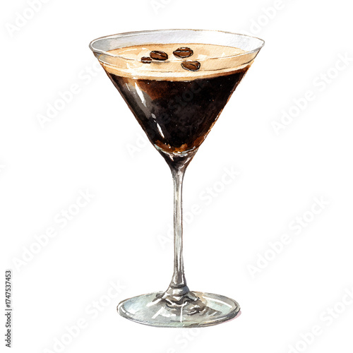 Watercolor illustration of espresso martini cocktail with coffee beans in elegant glass isolated on transparent background