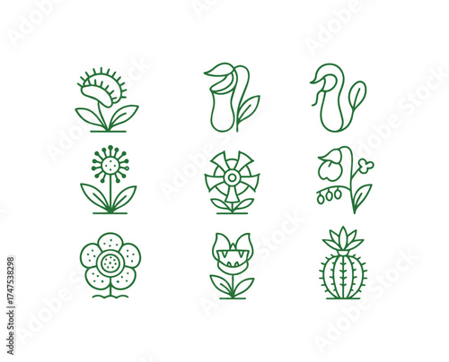Captivating green plant icons featuring carnivorous flora and desert succulents