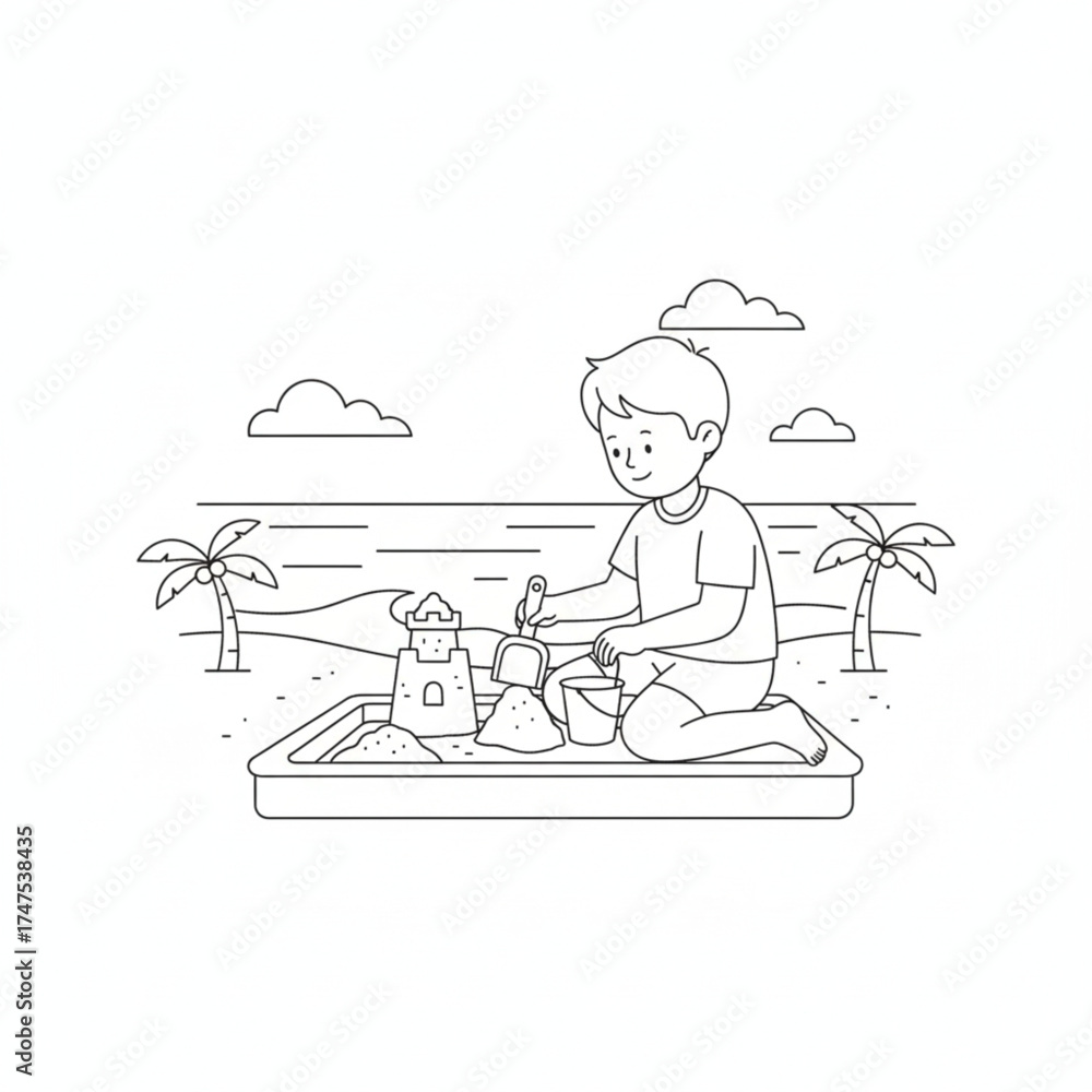 Fototapeta premium Black and White Line Art of a Young Boy Kneeling in a Sandbox, Building a Sandcastle on a Beach with Palm Trees and Clouds in the Background