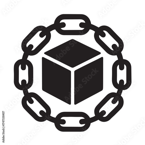 Black cube enclosed by a circular chain link pattern geometric shape